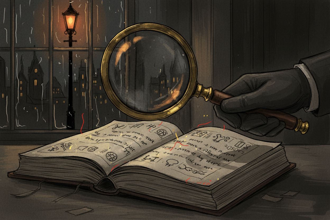 Hand-drawn illustration of a magnifying glass examining an open book, evoking the atmosphere of mystery and detective fiction.